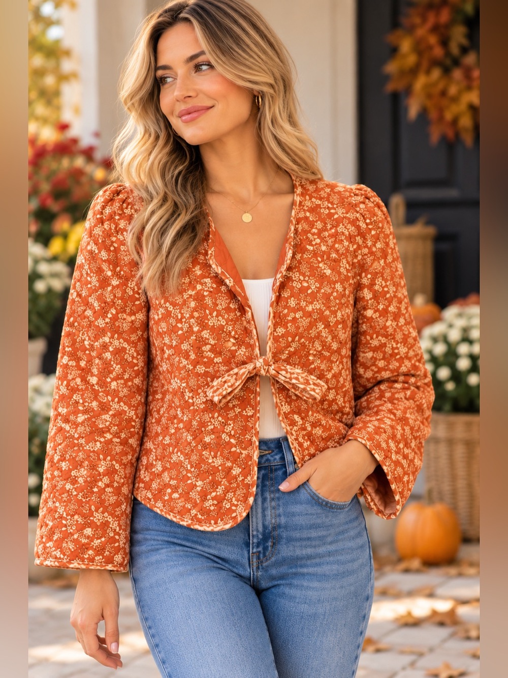 LISTICLE Meadows Floral Quilted Tie Front Jacket Boho Fall